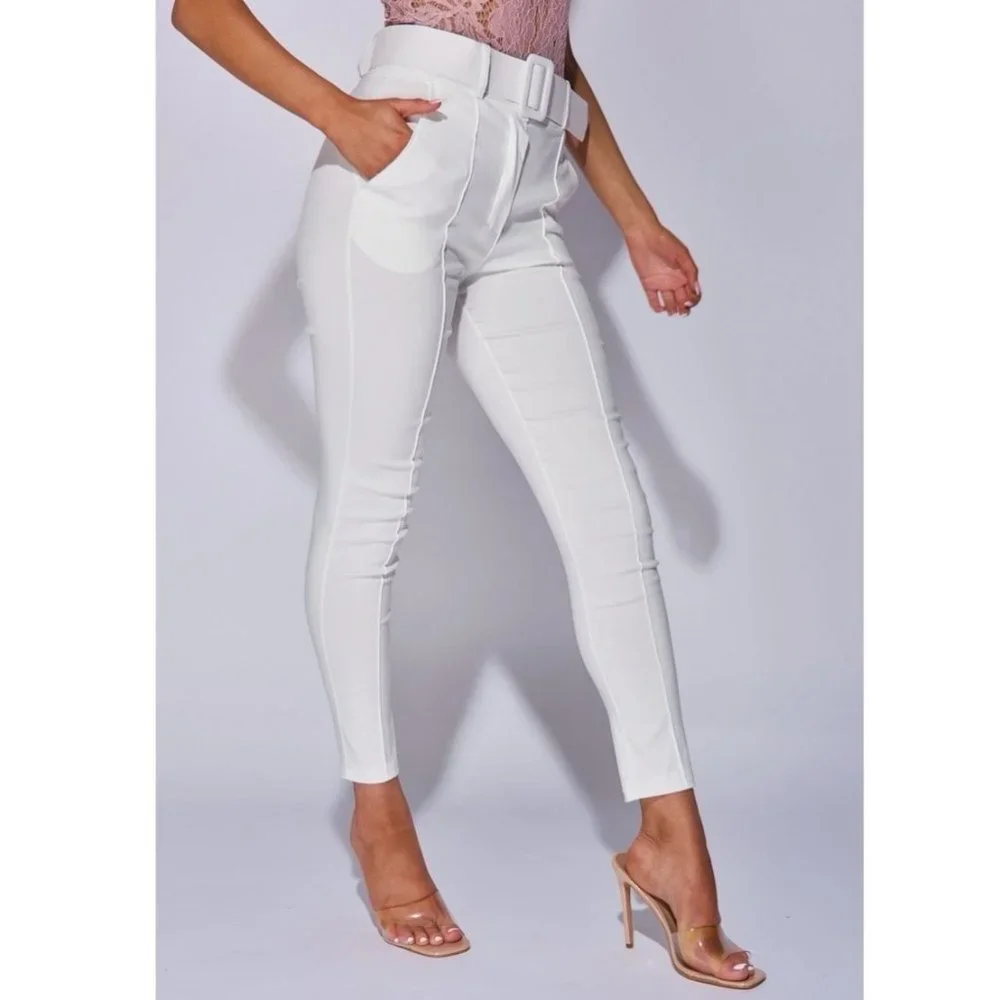 White High Waist Buckle Belt Tapered Cropped Straight Leg Ankle Pants - Picture 5 of 14